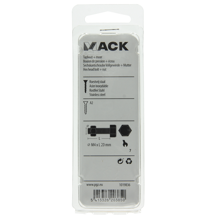 Mack 1019836 - perno grifo + tuerca acero inoxidable 10 piezas m4x20 | 10 piezas