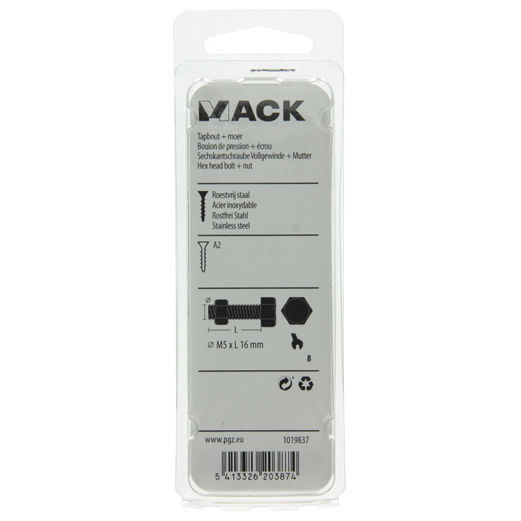 Mack 1019837 - perno grifo + tuerca acero inoxidable 7 piezas m5x16 | 10 piezas