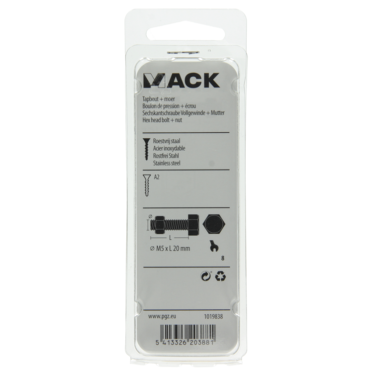 Mack 1019838 - perno grifo + tuerca acero inoxidable 6 piezas m5x20 | 10 piezas