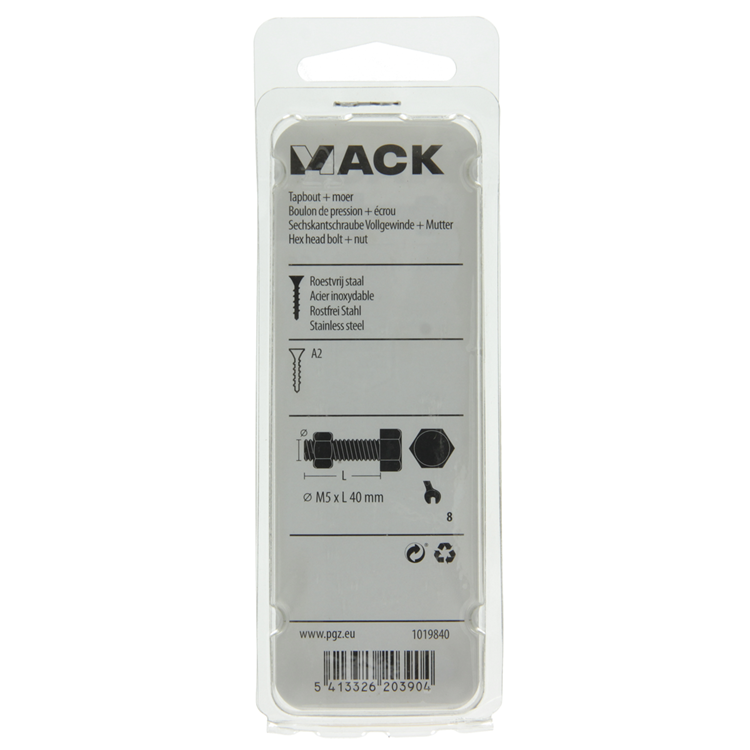 Mack 1019840 - perno grifo + tuerca acero inoxidable 5 piezas m5x40 | 10 piezas