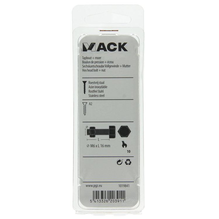 Mack 1019841 - perno grifo + tuerca acero inoxidable 5 piezas m6x16 | 10 piezas