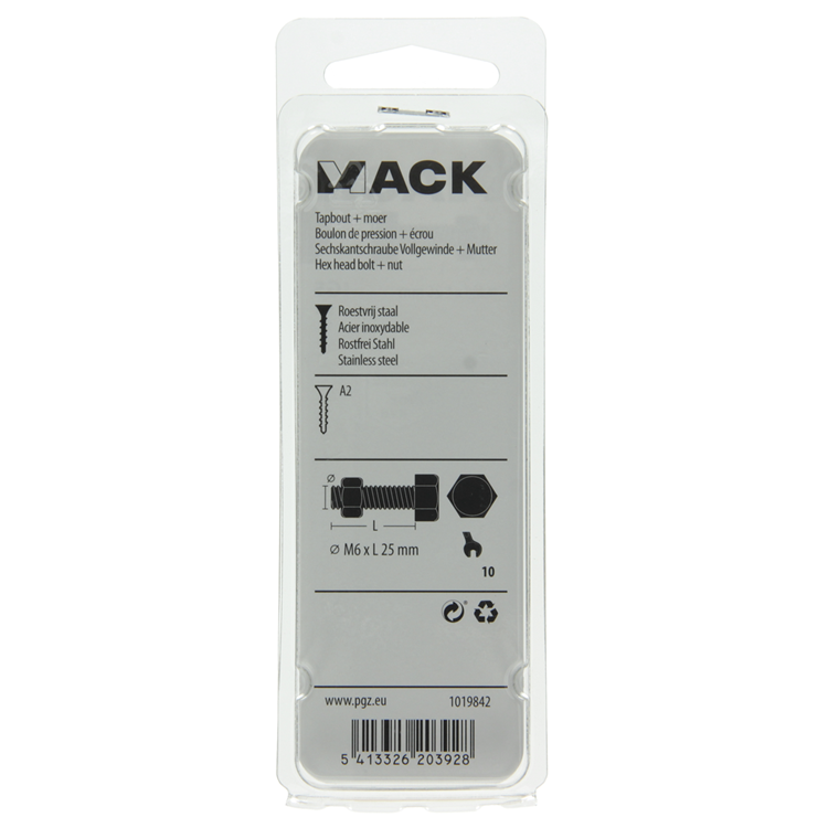 Mack 1019842 - perno grifo + tuerca acero inoxidable 5 piezas m6x25 | 10 piezas