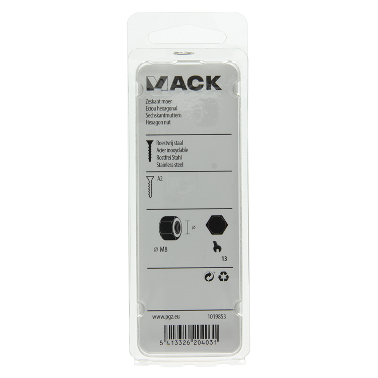 Mack 1019853 - tuerca hexagonal acero inoxidable a2 8 piezas m8 | 10 piezas