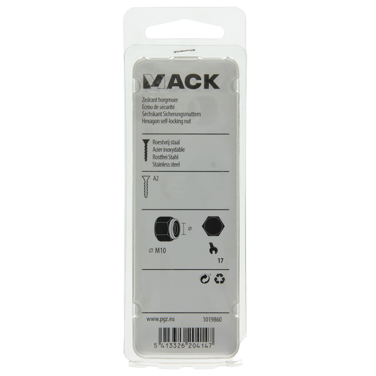 Mack 1019860 - contratuerca hexagonal acero inoxidable a2 4 piezas m 10 | 10 piezas