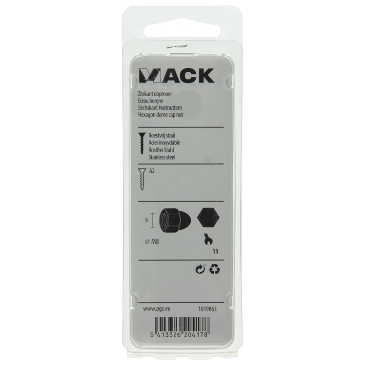 Mack 1019863 - tuerca ciega hexagonal acero inoxidable a2 2uds m8 | 10 piezas