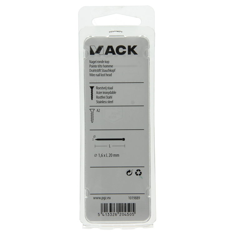 Mack 1019889 - clavo cabeza redonda acero inoxidable A2 40 piezas 1,6 x 20 mm | 10 piezas