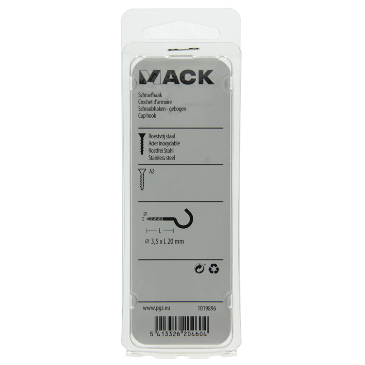 Mack 1019896 - gancho de tornillo de acero inoxidable 2 piezas 3,5 x 20 mm | 10 piezas