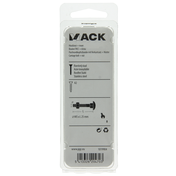 Mack 1019904 - perno madera + tuerca acero inoxidable 7 piezas m5x25 mm | 10 piezas