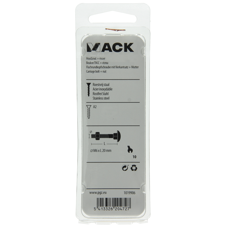 Mack 1019906 - perno madera + tuerca acero inoxidable 6uds m6x20 mm | 10 piezas