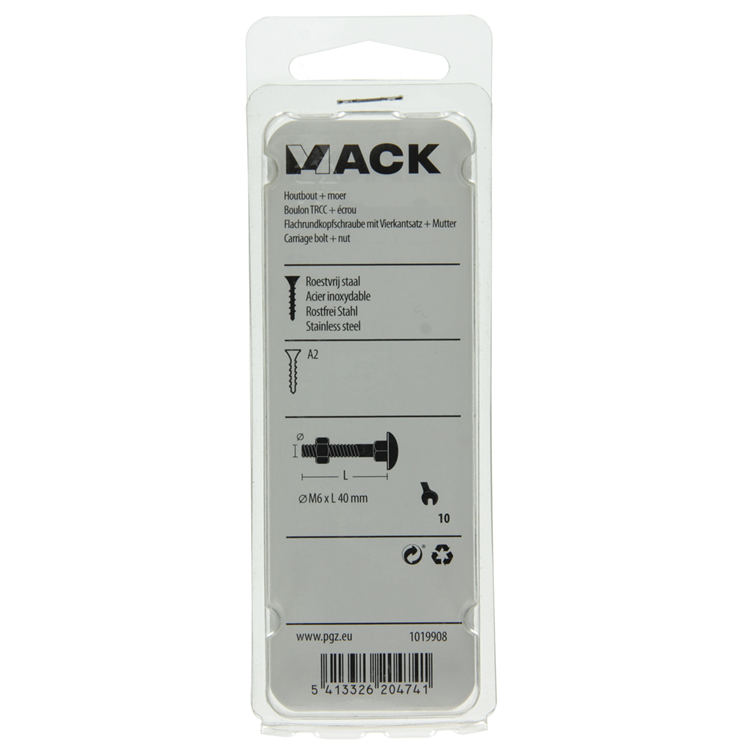 Mack 1019908 - perno madera + tuerca acero inoxidable 4pzs m6x40 mm | 10 piezas