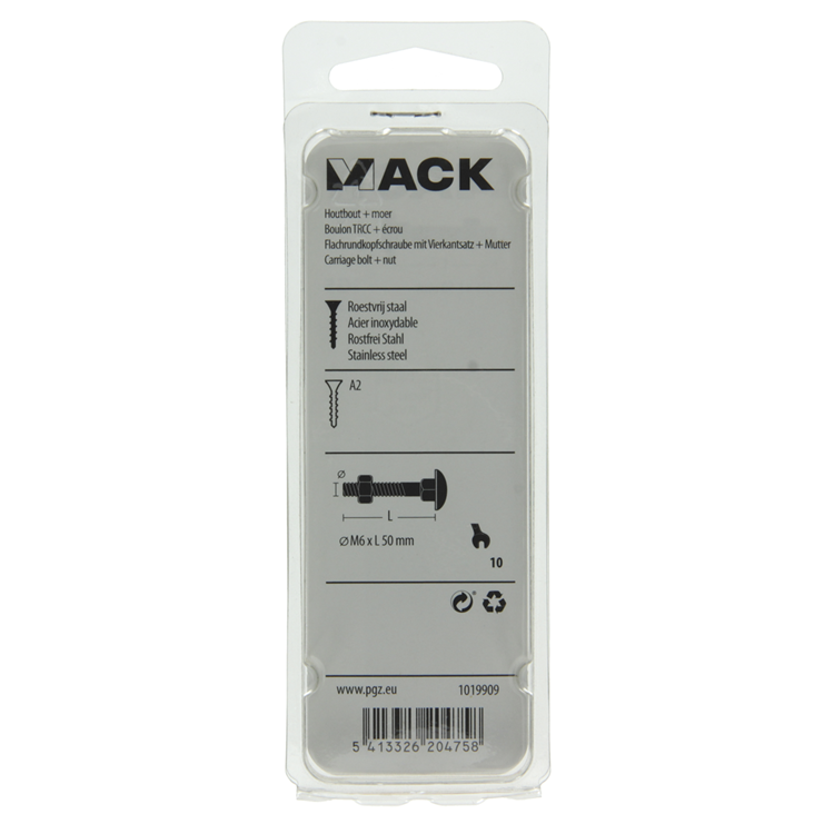 Mack 1019909 - perno madera + tuerca acero inoxidable 3 piezas m6 x 50 mm | 10 piezas