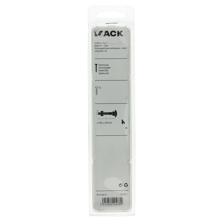 Mack 1019912 - perno para madera + tuerca acero inoxidable 2 piezas m6 x 80 mm | 5 piezas