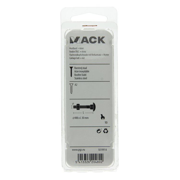 Mack 1019914 - perno para madera + tuerca acero inoxidable 5 piezas m8 x 30 mm | 5 piezas