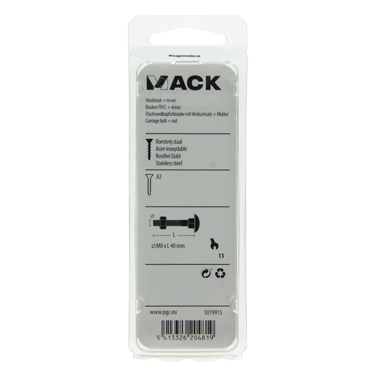 Mack 1019915 - perno para madera + tuerca acero inoxidable 4 piezas m8 x 40 mm | 5 piezas