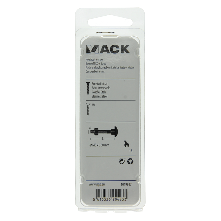 Mack 1019917 - perno para madera + tuerca acero inoxidable 3 piezas m8 x 60 mm | 5 piezas