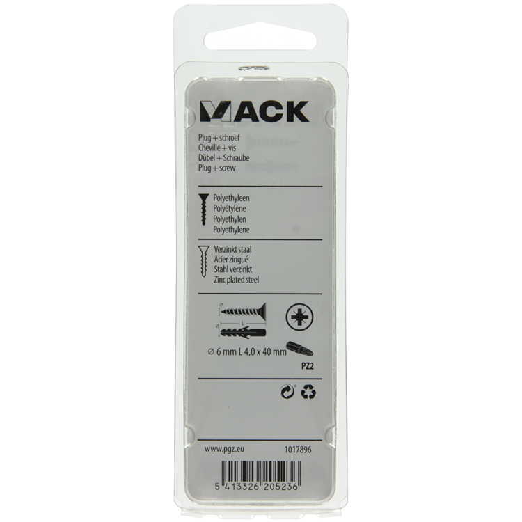Mack 1017896 - taco + tornillo polietileno 20 piezas 6 mm 4,0 x 40 mm | 5 piezas