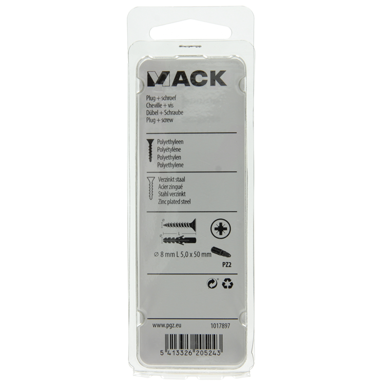 Mack 1017897 - taco + tornillo polietileno 10 uds 8 mm 5,0 x 50 mm | 5 piezas