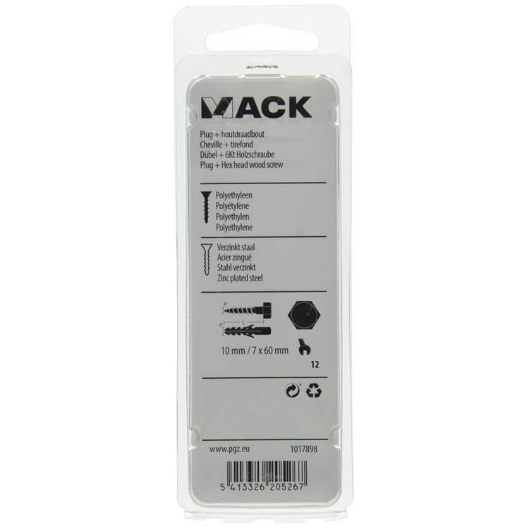 Mack 1017898 - taco + perno rosca madera polieth 4uds 10 mm 7x60 mm | 5 piezas