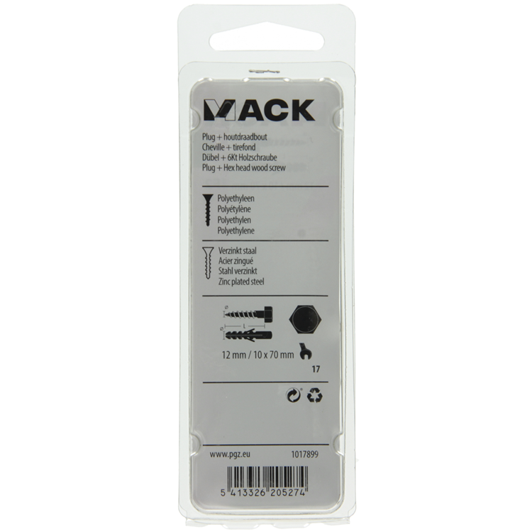 Mack 1017899 - taco + perno rosca madera polieth 2uds 12 mm 10x70 mm | 5 piezas