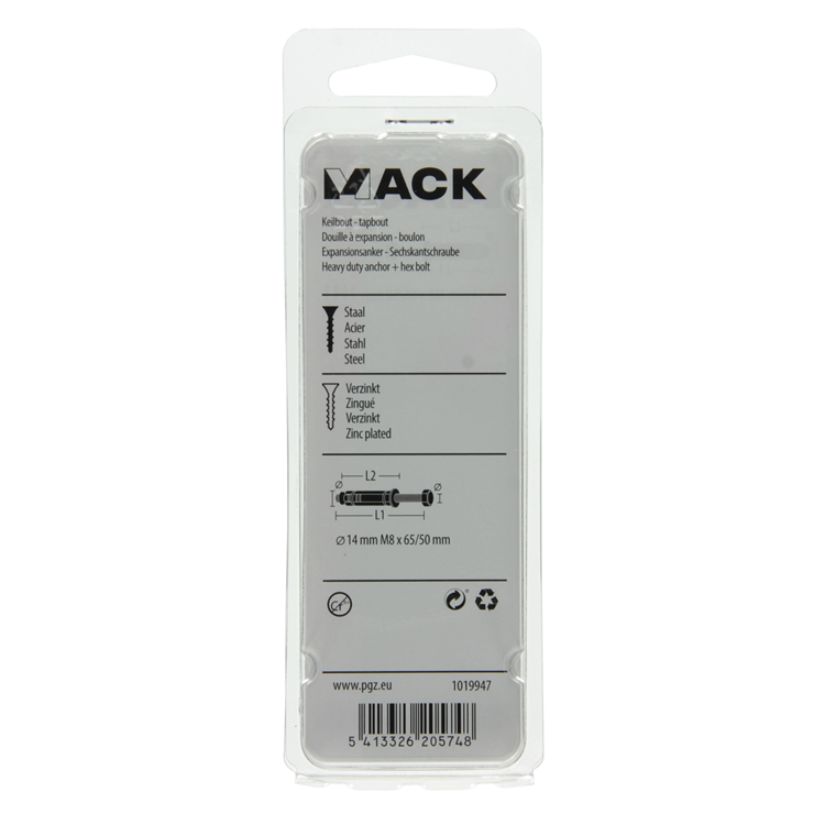 Mack 1019947 - perno de cuña perno de 6 lados galvanizado 2 piezas m8x65 14x50 | 10 piezas
