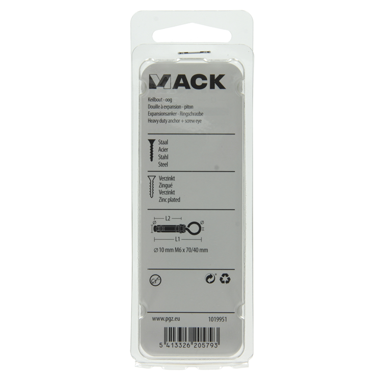 Mack 1019951 - perno cuña ojo de tornillo galvanizado 2 piezas m6x70 10x40 | 5 piezas