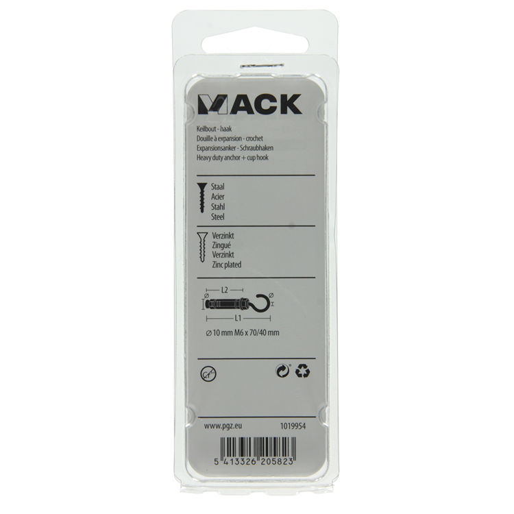 Mack 1019954 - perno cuña gancho tornillo galvanizado 2uds m6x70 10x40 | 5 piezas