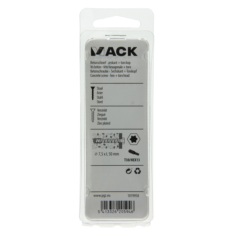 Mack 1019958 - tornillo para hormigón galvanizado 6 puntos 4 piezas 7,5 x 50 mm | 5 piezas