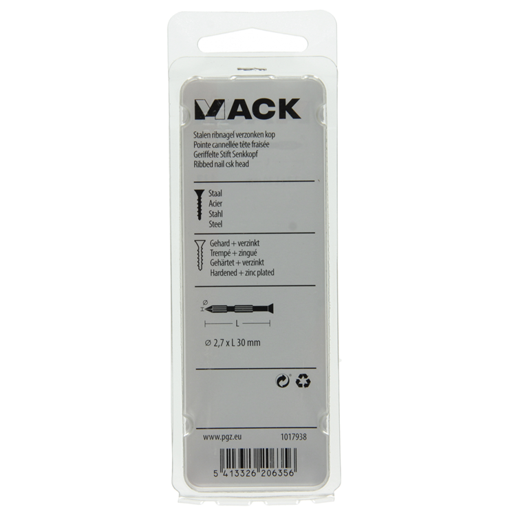 Mack 1017938 - clavo para nervadura de acero vk pc. endurecido + galvanizado 65 piezas 2,7 x 30 mm | 5 piezas