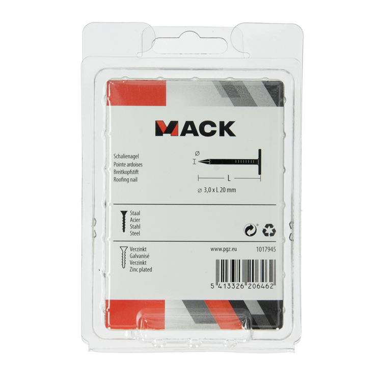 Mack 1017945 - clavo de esquisto de acero galvanizado 250 gr 3,0 x 20 mm | 5 piezas