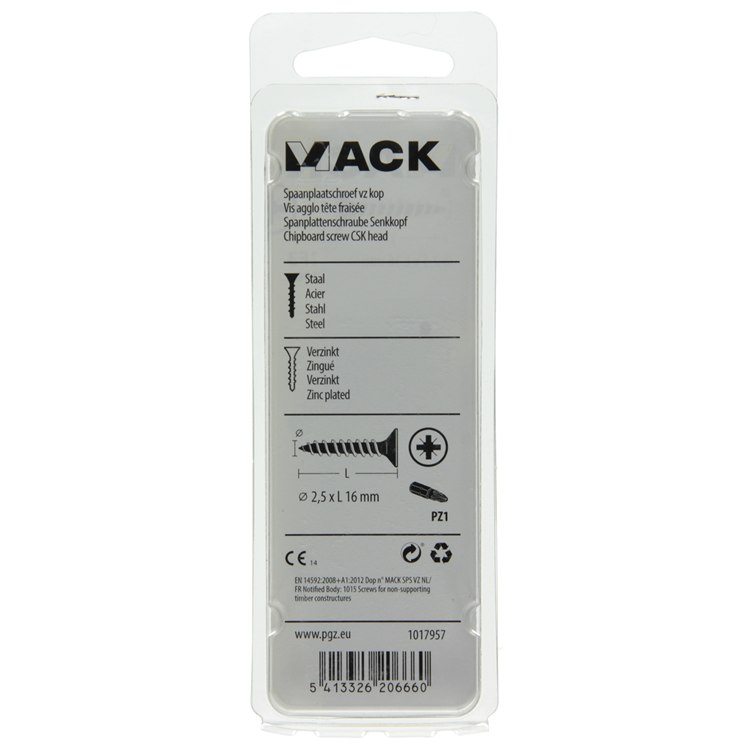 Mack 1017957 - tornillo para aglomerado con cabeza chapada en amarillo 200uds 2,5 x 16 mm | 10 piezas