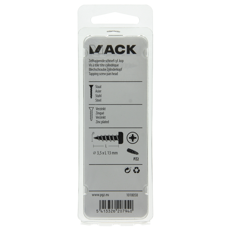 Mack 1018058 - tornillo autorroscante con cabeza cilíndrica galvanizada. 78 piezas 3,5 x 13 mm | 10 piezas