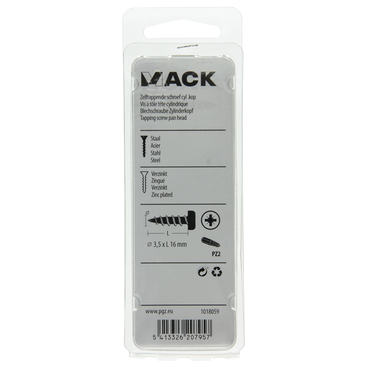 Mack 1018059 - tornillo autorroscante con cabeza cilíndrica galvanizada. 74 piezas 3,5 x 16 mm | 10 piezas
