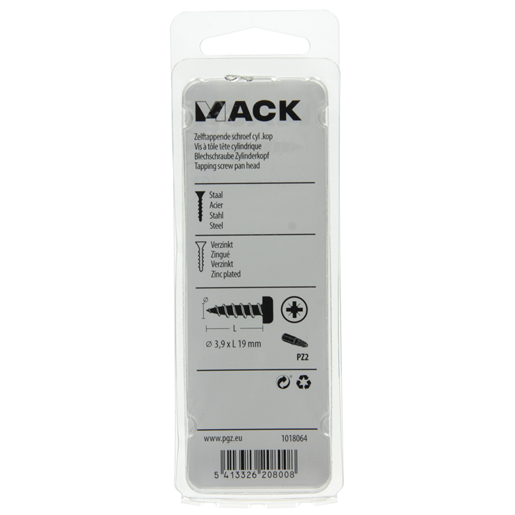 Mack 1018064 - tornillo autorroscante con cabeza cilíndrica galvanizada. 56 piezas 3,9 x 19 mm | 5 piezas