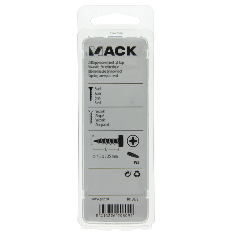 Mack 1018072 - tornillo autorroscante con cabeza cilíndrica galvanizada. 32 piezas 4,8 x 25 mm | 5 piezas