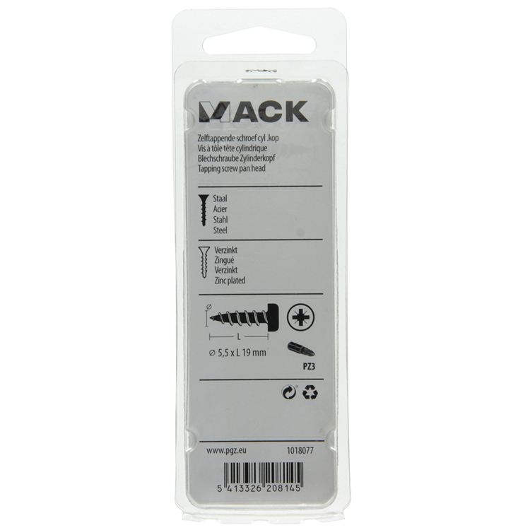 Mack 1018077 - tornillo autorroscante con cabeza cilíndrica galvanizada. 25 piezas 5,5 x 19 mm | 5 piezas