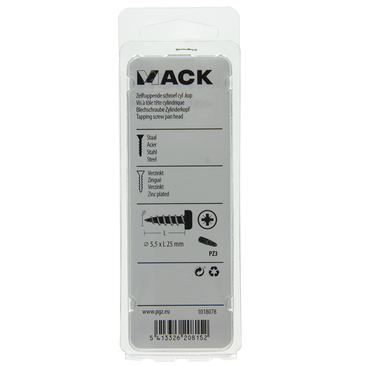 Mack 1018078 - tornillo autorroscante con cabeza cilíndrica galvanizada. 22 piezas 5,5 x 25 mm | 5 piezas