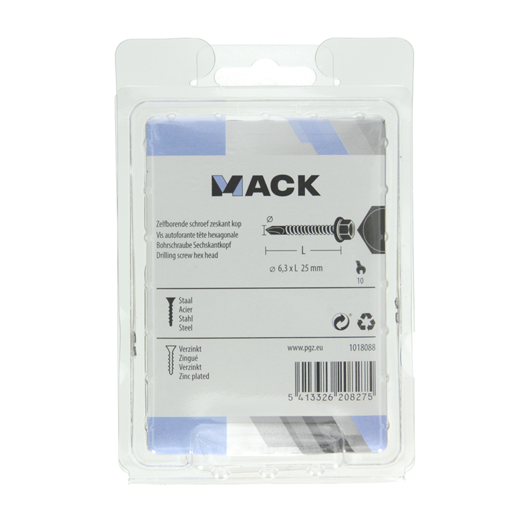 Mack 1018088 - tornillo hexagonal autoperforante. cabeza galvanizada. 45 piezas 6,3 x 25 mm | 5 piezas