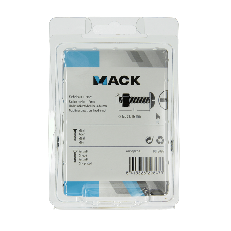 Mack 1018099 - perno calentador + tuerca acero galvanizado 45 piezas m6 x 16 mm | 5 piezas