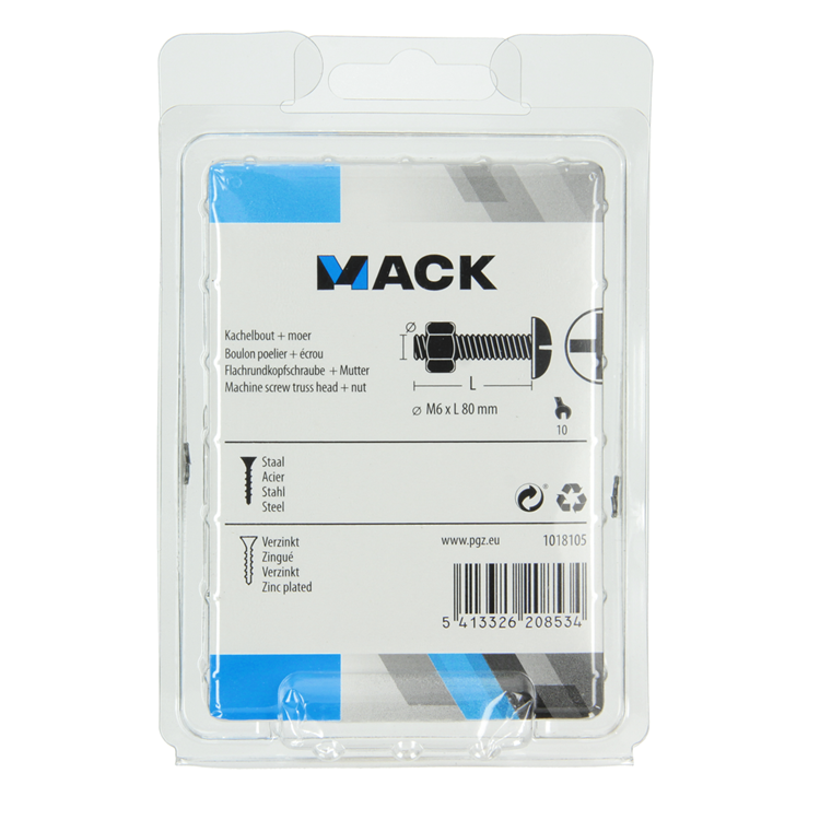 Mack 1018105 - perno calentador + tuerca acero galvanizado 18 piezas m6 x 80 mm | 5 piezas