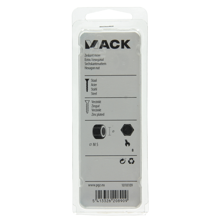 Mack 1018109 - tuerca hexagonal acero galvanizado 150 uds m 5 | 5 piezas
