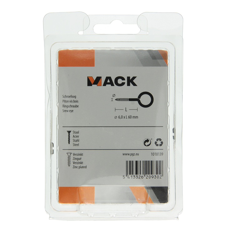 Mack 1018139 - ojo de tornillo acero galvanizado 9 piezas 6,0 x 60 mm | 5 piezas