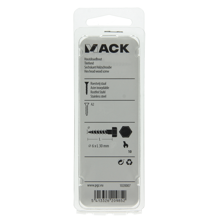 Mack 1020007 - perno roscado para madera acero inoxidable 18 piezas 6 x 30 mm | 5 piezas