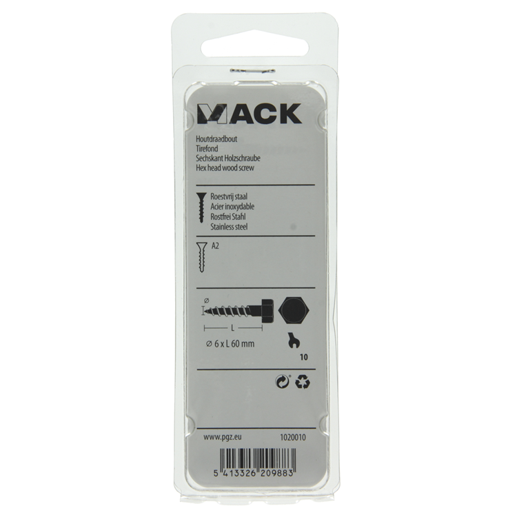 Mack 1020010 - perno roscado para madera acero inoxidable 10 piezas 6 x 60 mm | 5 piezas