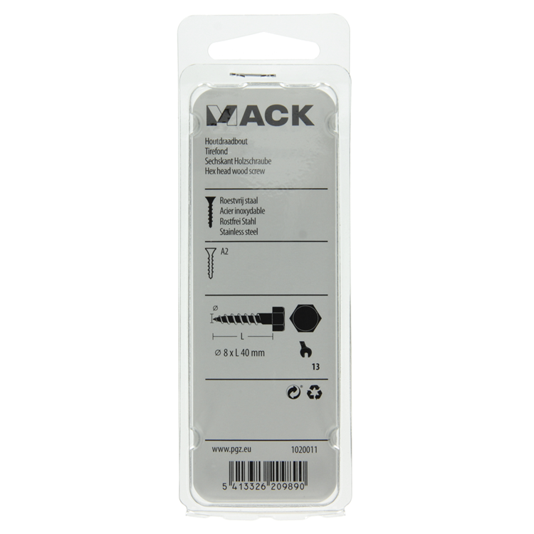 Mack 1020011 - perno roscado para madera acero inoxidable 10 piezas 8 x 40 mm | 5 piezas