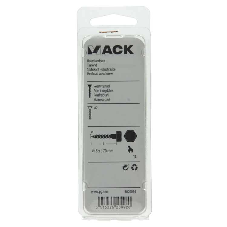 Mack 1020014 - perno roscado para madera acero inoxidable 6 piezas 8 x 70 mm | 5 piezas
