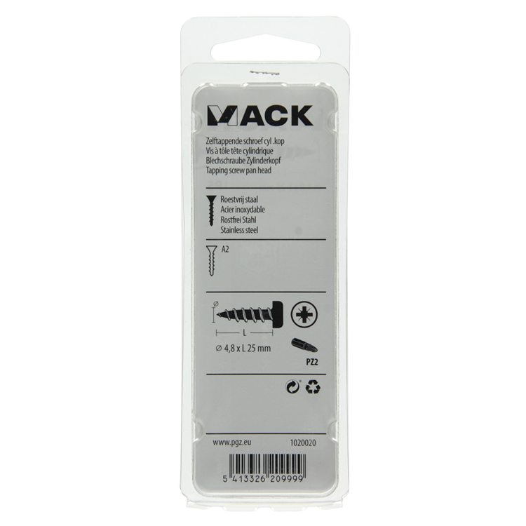 Mack 1020020 - tornillo autorroscante culata a2 25 piezas 4,8 x 25 mm | 5 piezas