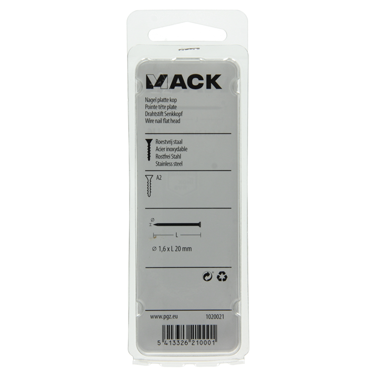 Mack 1020021 - clavo cabeza plana acero inoxidable A2 100 uds 1,6 x 20 mm | 5 piezas