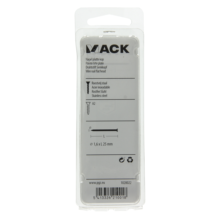 Mack 1020022 - clavo cabeza plana acero inoxidable A2 85 piezas 1,6 x 25 mm | 5 piezas