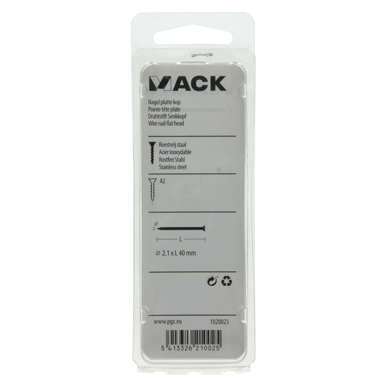 Mack 1020023 - clavo cabeza plana acero inoxidable A2 60 uds 2,1 x 40 mm | 5 piezas