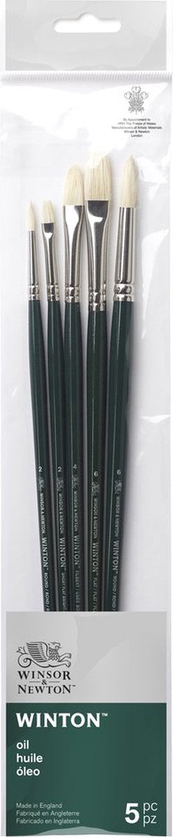 Winsor Newton 5990611 Set di pennelli a olio Winton – 5 pennelli lunghi per pittura a olio (tondo, setola piatta a nocciola - tondo 2, tondo 6, piatto corto brillante 2, piatto 6 e nocciola 4)